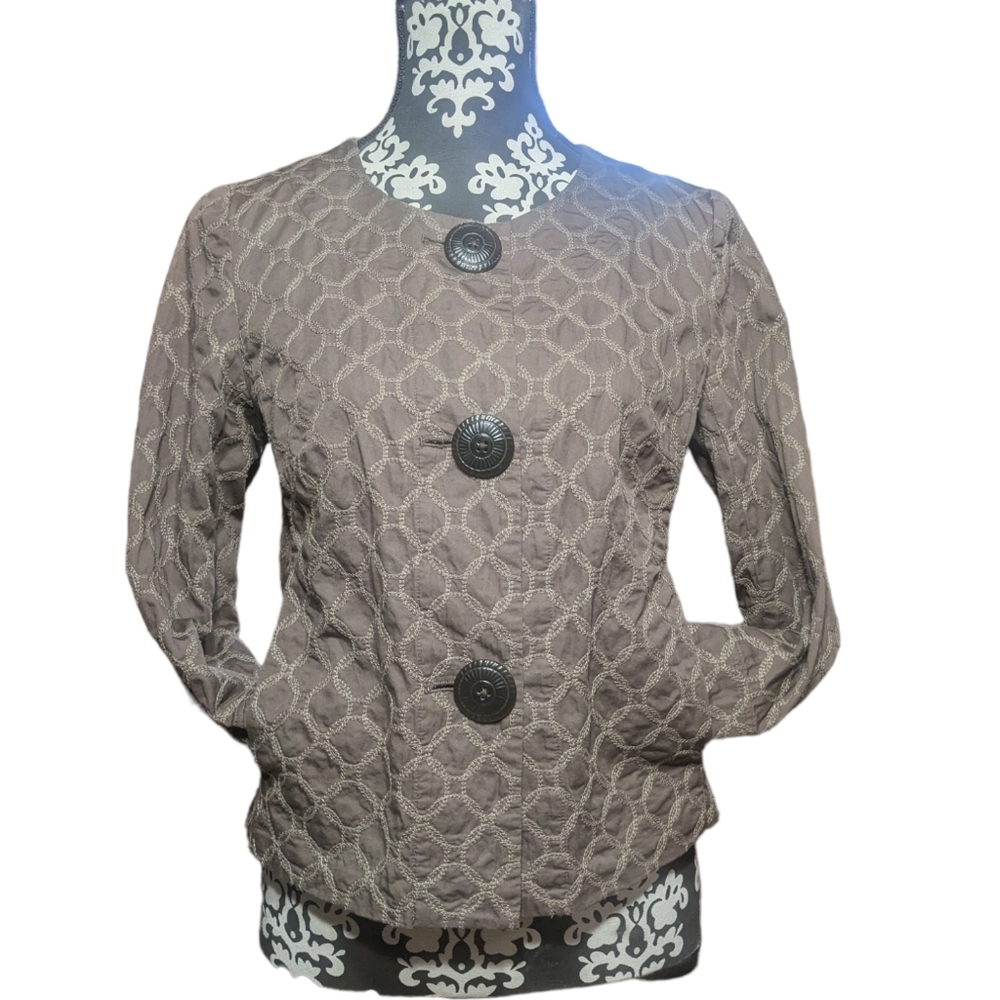 J Jill Blazer Jacket Brown XS Embroidered Geometric Circles 3 Lg Embossed Button